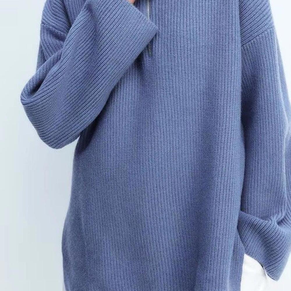 H&M Women Small Pigeon Blue Half Zip Rib Knit Sweater Wool Blend Relaxed Fit NWT